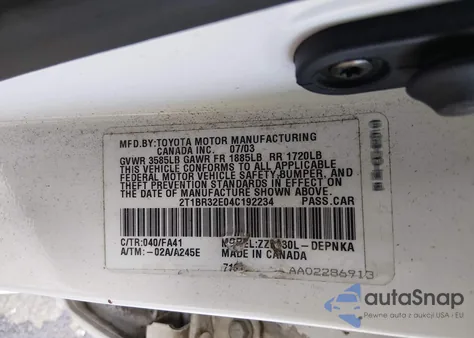 2004 Toyota Corolla Le z USA, uszkodzony, nr VIN 2T1BR32E04C192234